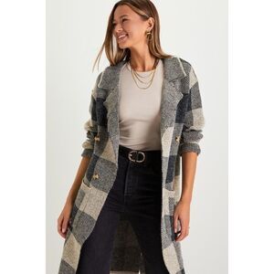 Lulus Cuddle Club Beige And Black Plaid Long Sleeve Coatigan - Size S